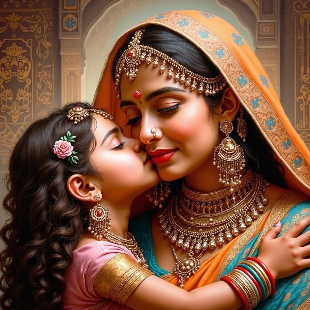 Indian mother kissing daughter, oil painting