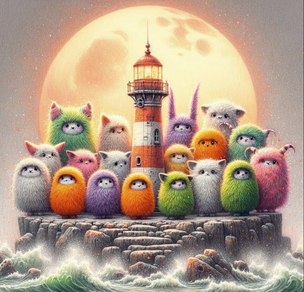 Whimsical Creatures at Lighthouse, in Pencil Style