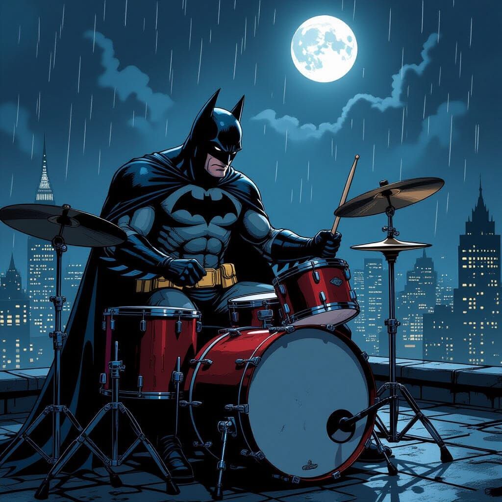 Brooding Batman Drums on Gotham Rooftop