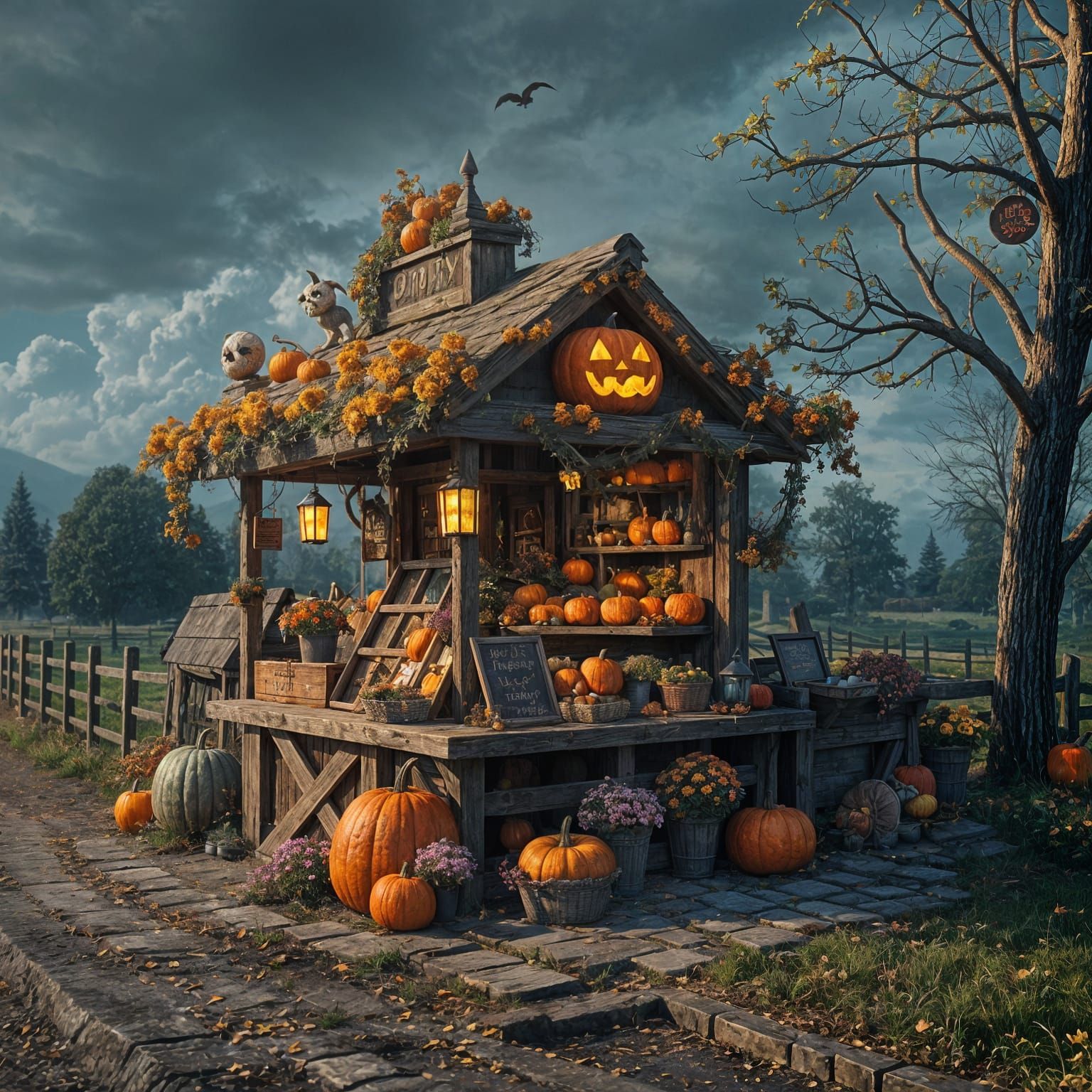 Autumn Farm Stand in a Matte Painting Style