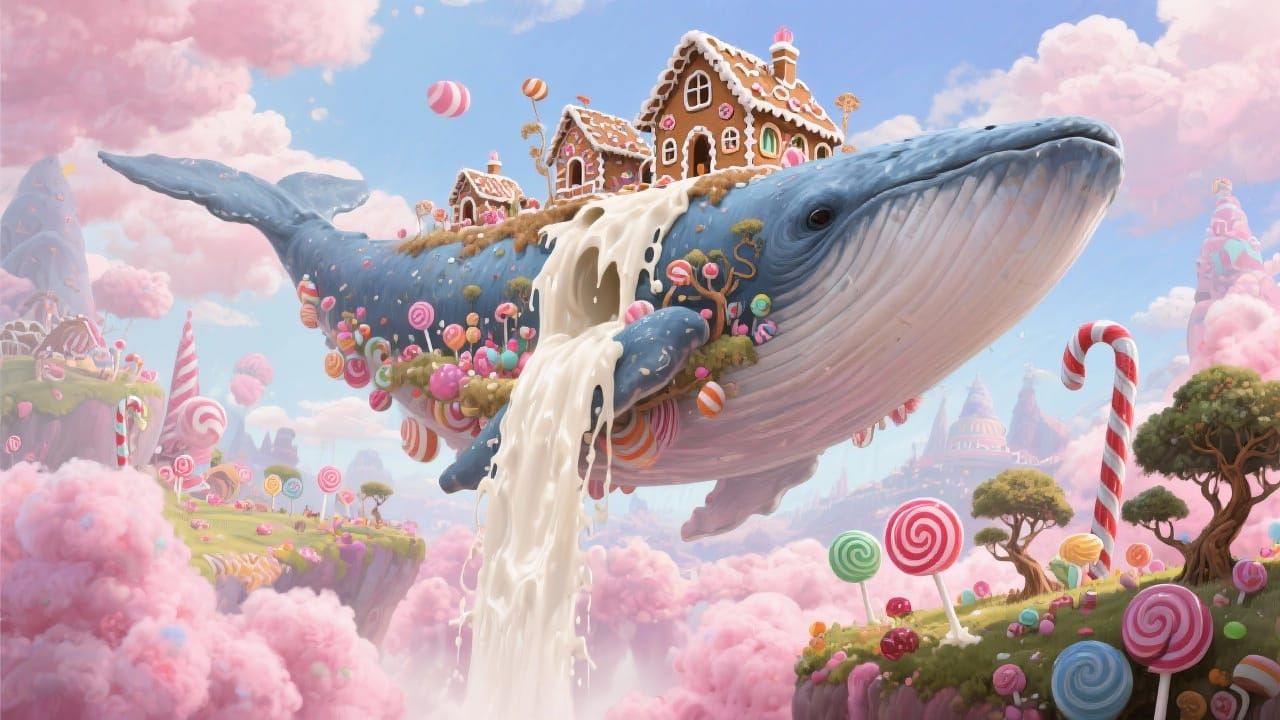 Candy World on Flying Whale with Chocolate Waterfall
