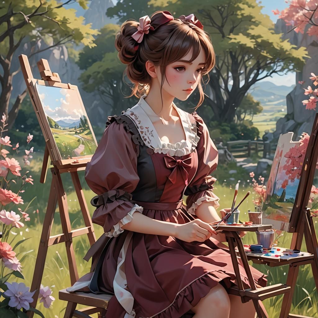 Female Painter Creates Landscape: 3D Anime Art