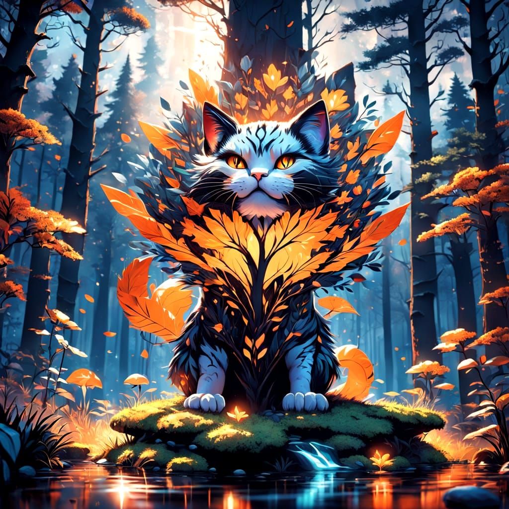Whimsical Feline Majesty in Vibrant Woodland