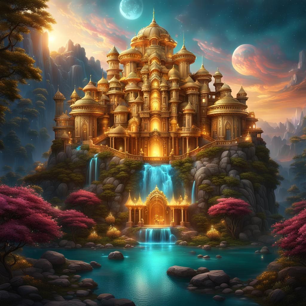Golden Palace on Mountain with Waterfall