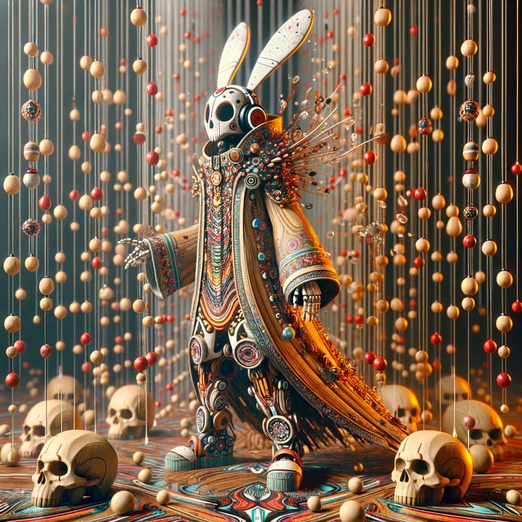 Intricate Wooden Rabbit Puppet in Futuristic Attire