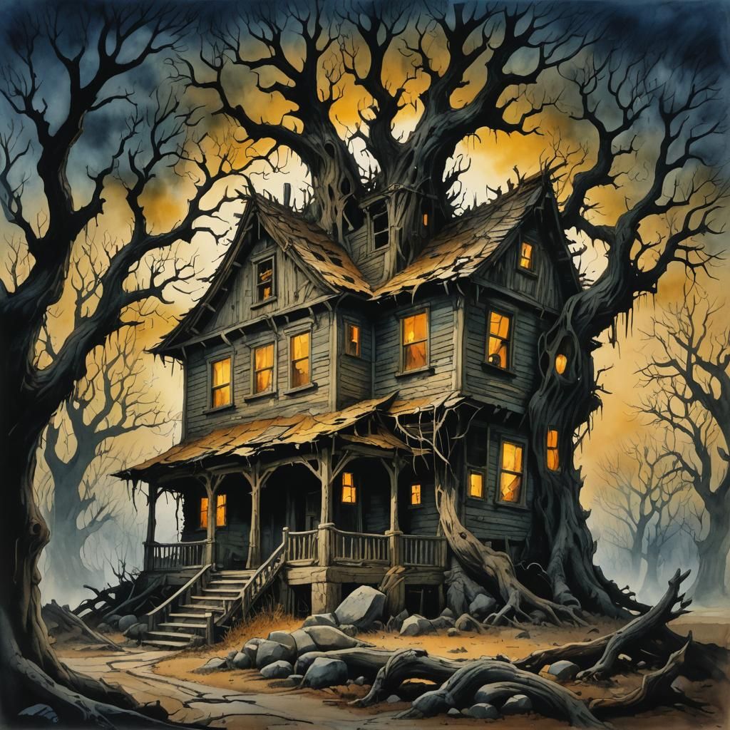 Eerie House Among Twisted Trees as Impasto Painting