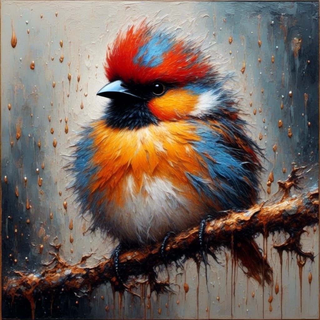 Wet Bird in Puddle Oil Painting