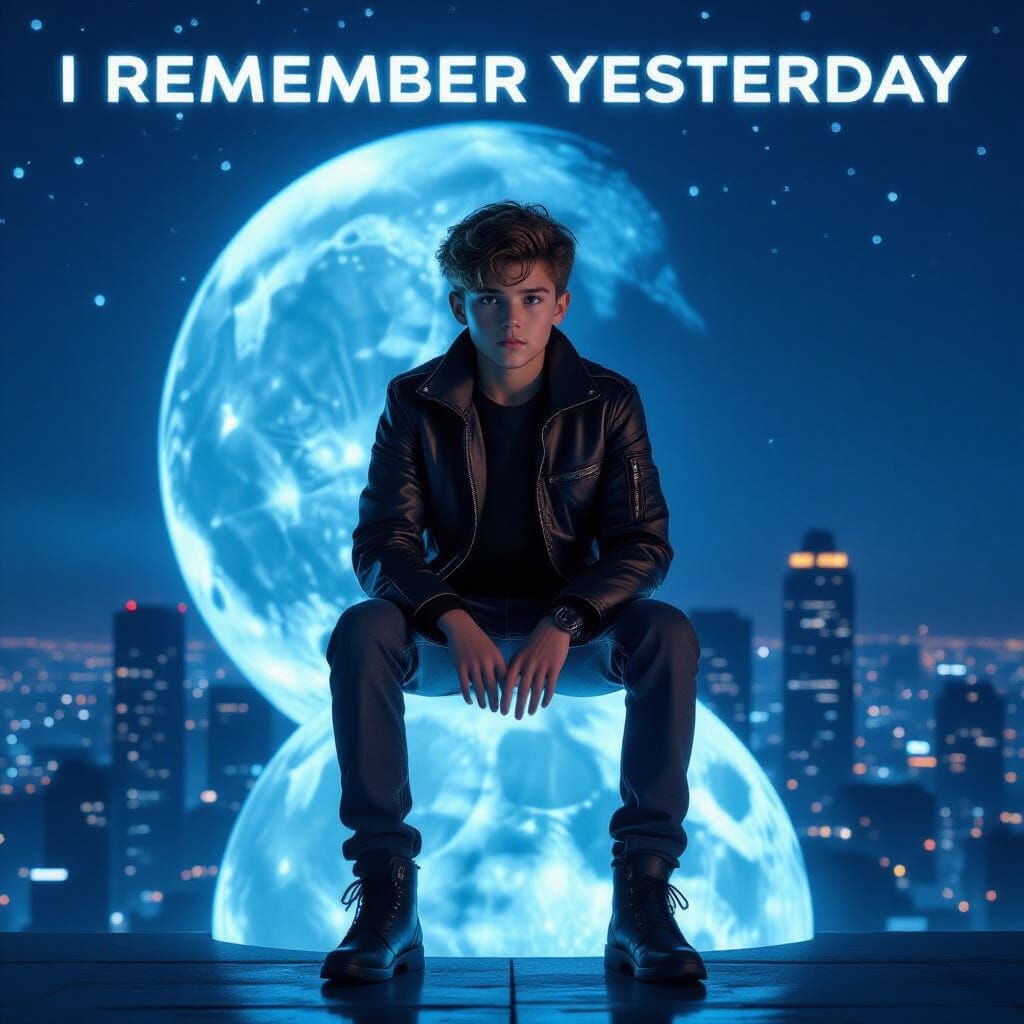 Boy on Luminous Moon Over Cityscape at Night