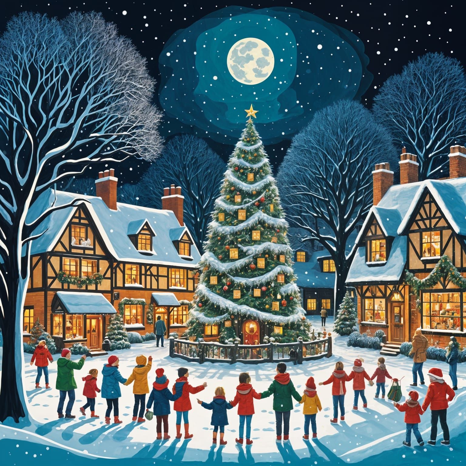 Snowy British Village Christmas Scene with Happy Families