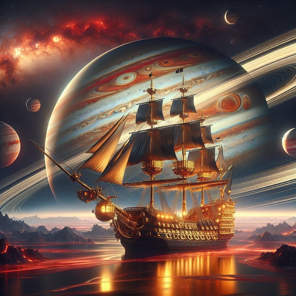 Pirate Ship Sailing Through Jupiter's Rings
