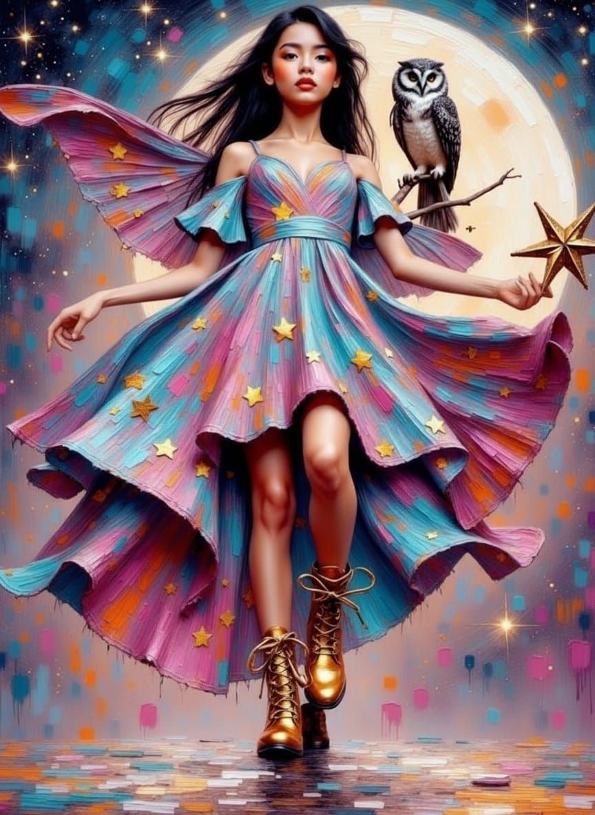 Impasto Moonchild in Starry Dress with Owl and Moon