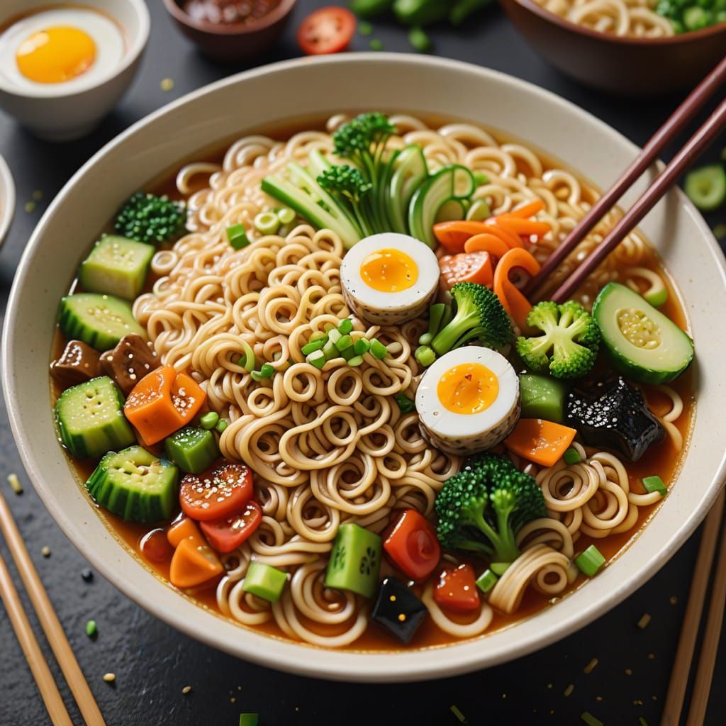 Hyperrealistic Ramen Bowl with Button Vegetables
