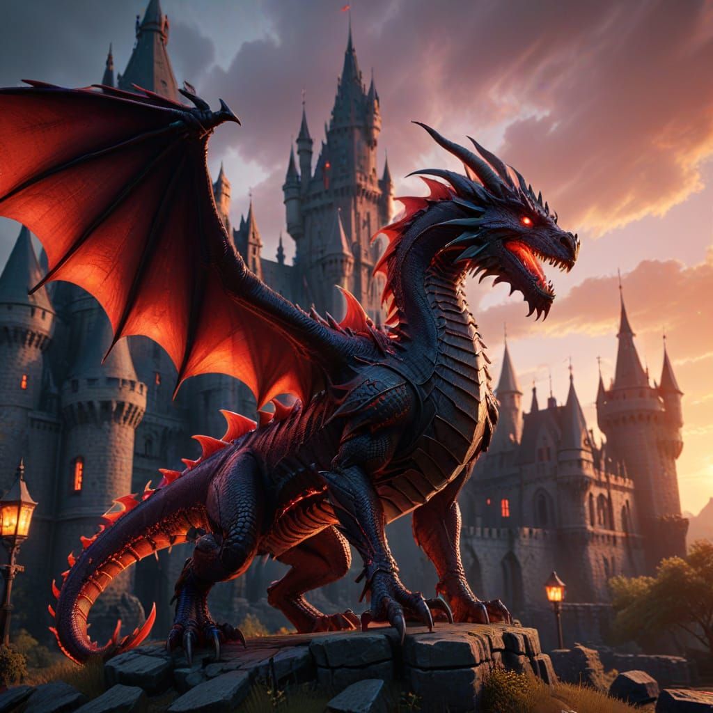 Gothic Dragon soars Before Castle in Neon Sunset