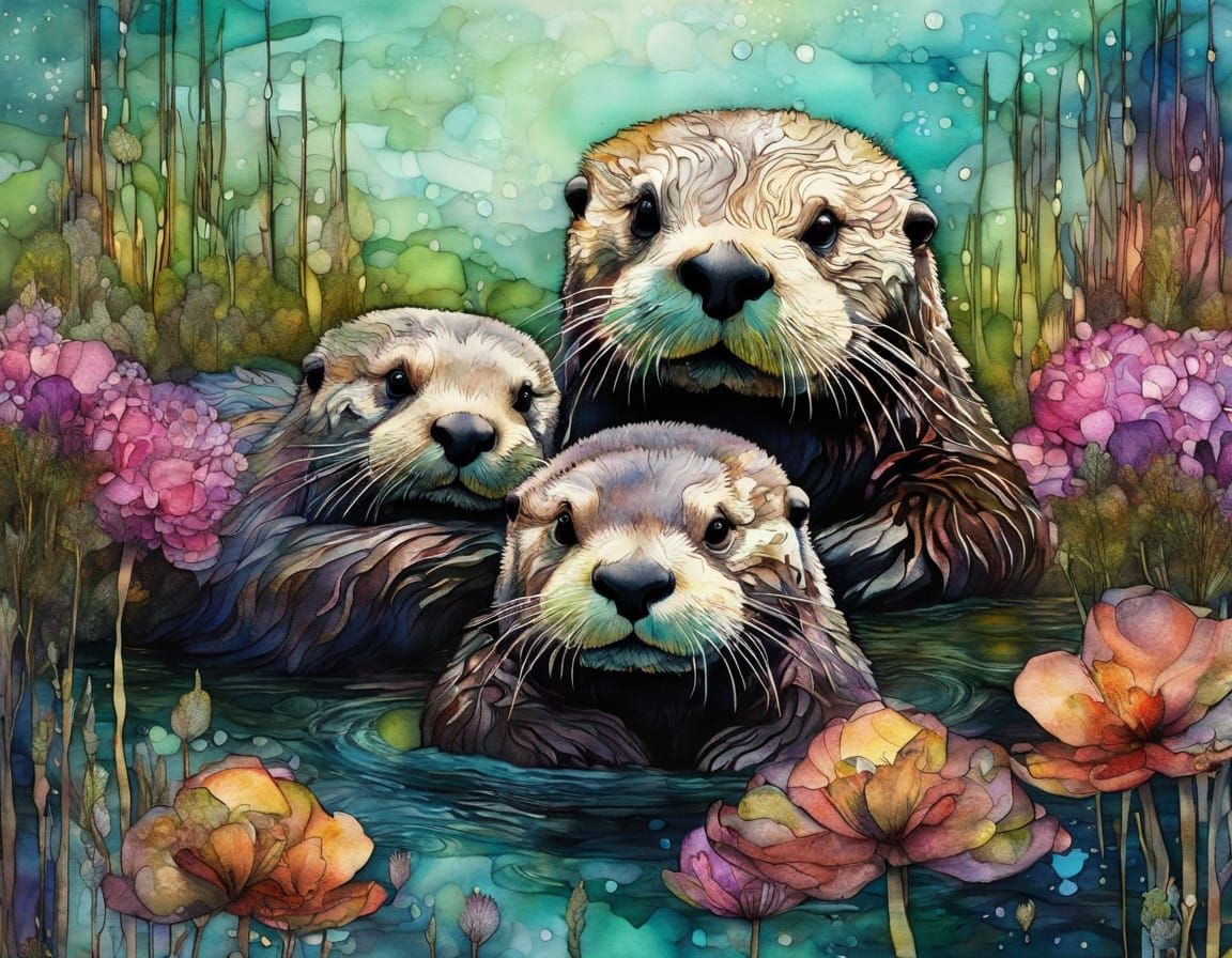 Sea Otters in Vibrant Floral Salt Marsh Scene