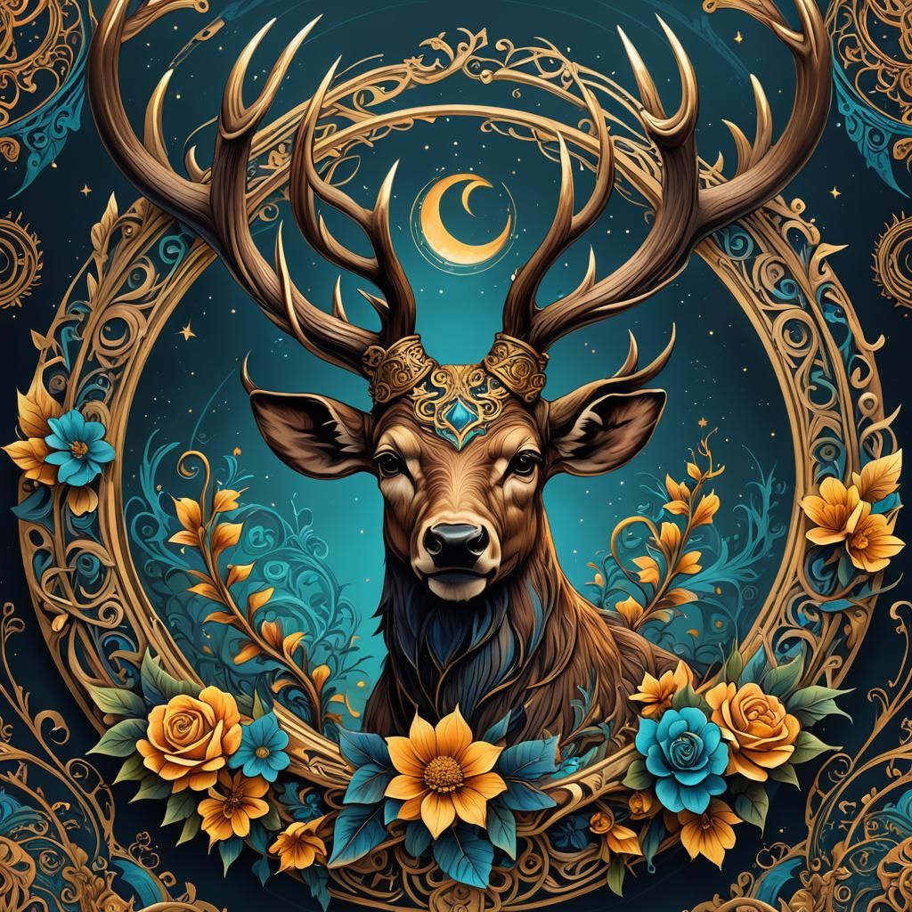 Tribal Stag Horns Circle Tattoo Design in Vibrant Colors