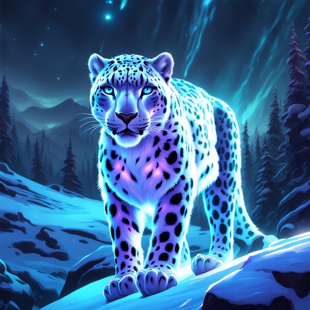Bioluminescent Snow Leopard in Dark Fantasy Art