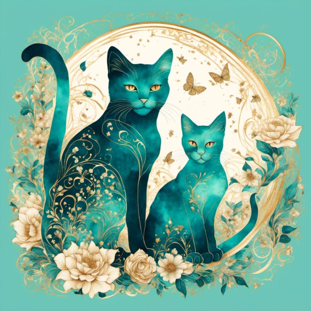 Cats Word Art with Teal Watercolor and Gold Details