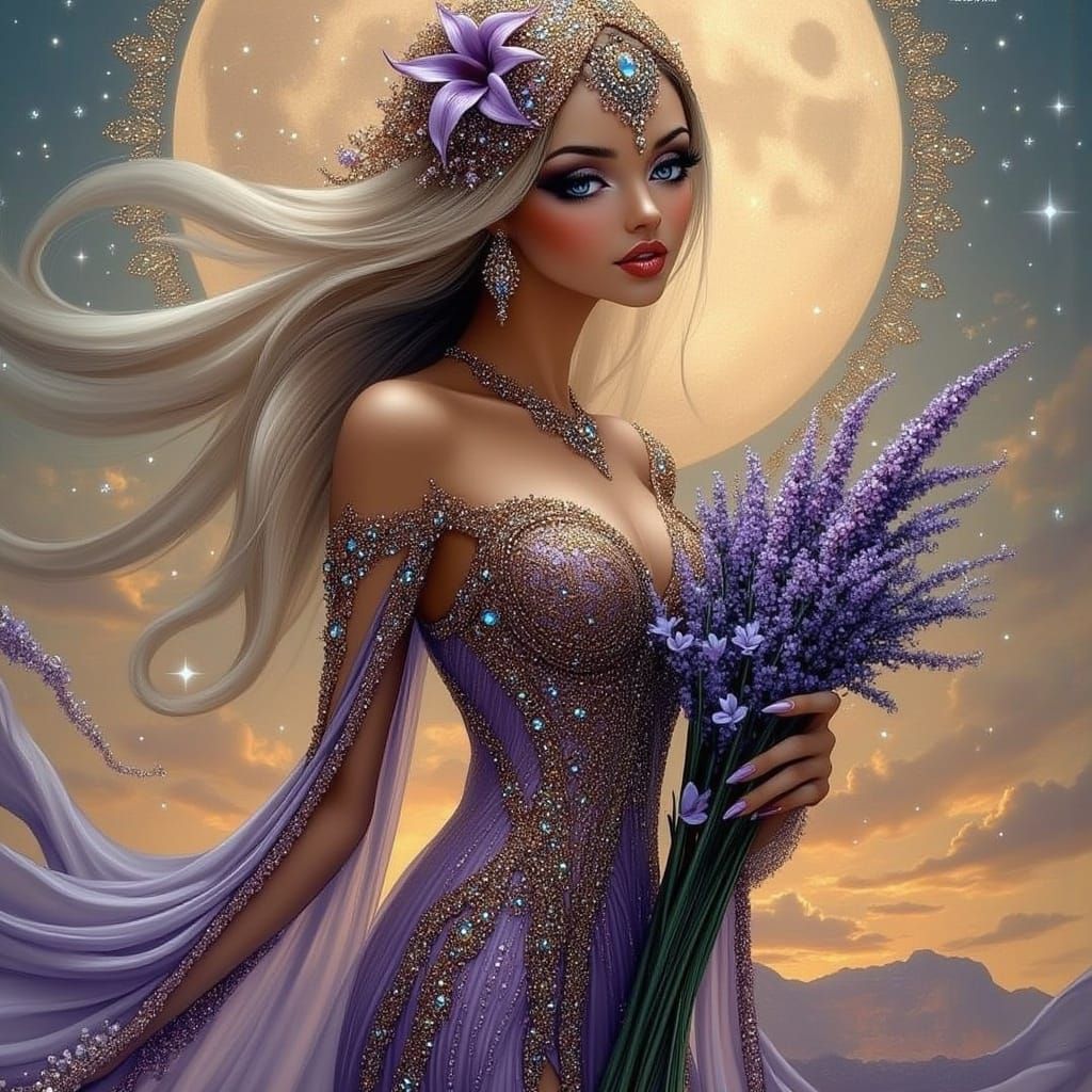 Woman in Glittering Gown with Lavender Flowers
