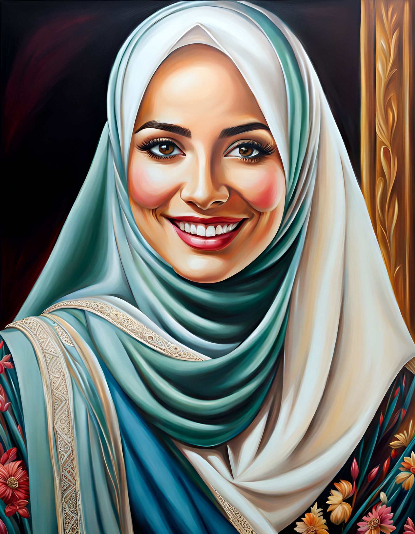 Elegant Woman in Hijab: Detailed Oil Painting