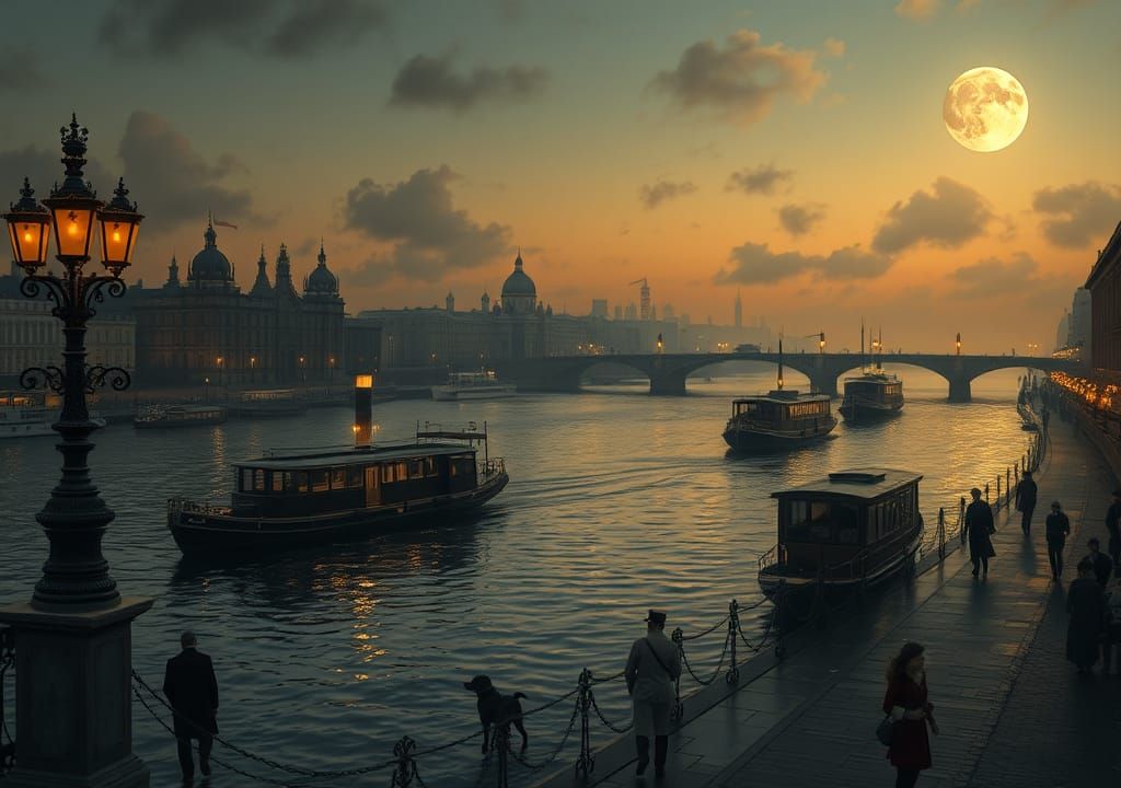 Victorian London Dusk: River Thames in Moonlight