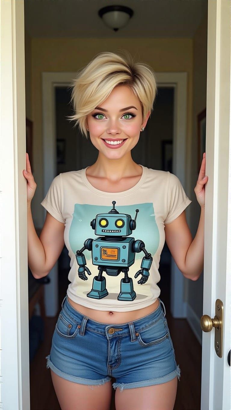 Pixie Woman Guards Robot-Themed Room Entrance