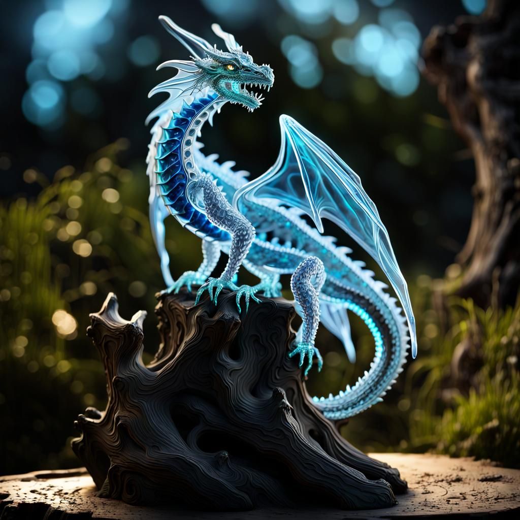 Bioluminescent Crystal Dragon Sculpture on Gnarled Tree