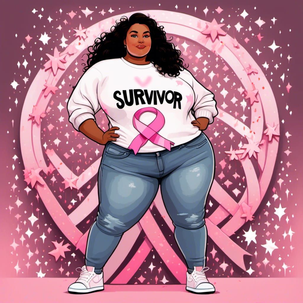 Plus-Sized Woman in Survivor Shirt With Ribbon