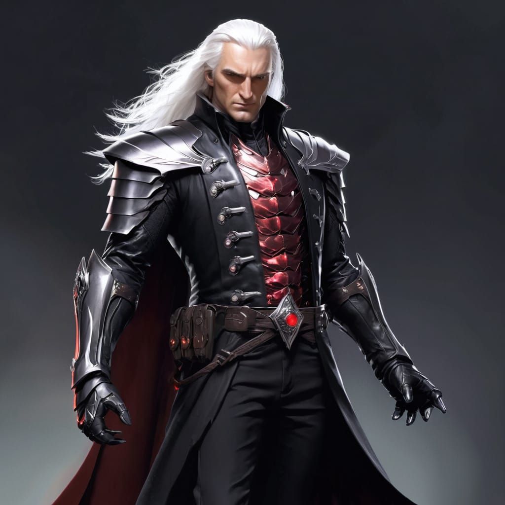 Dark Fantasy Hero Swain in Black Armor with Glowing Red Arm