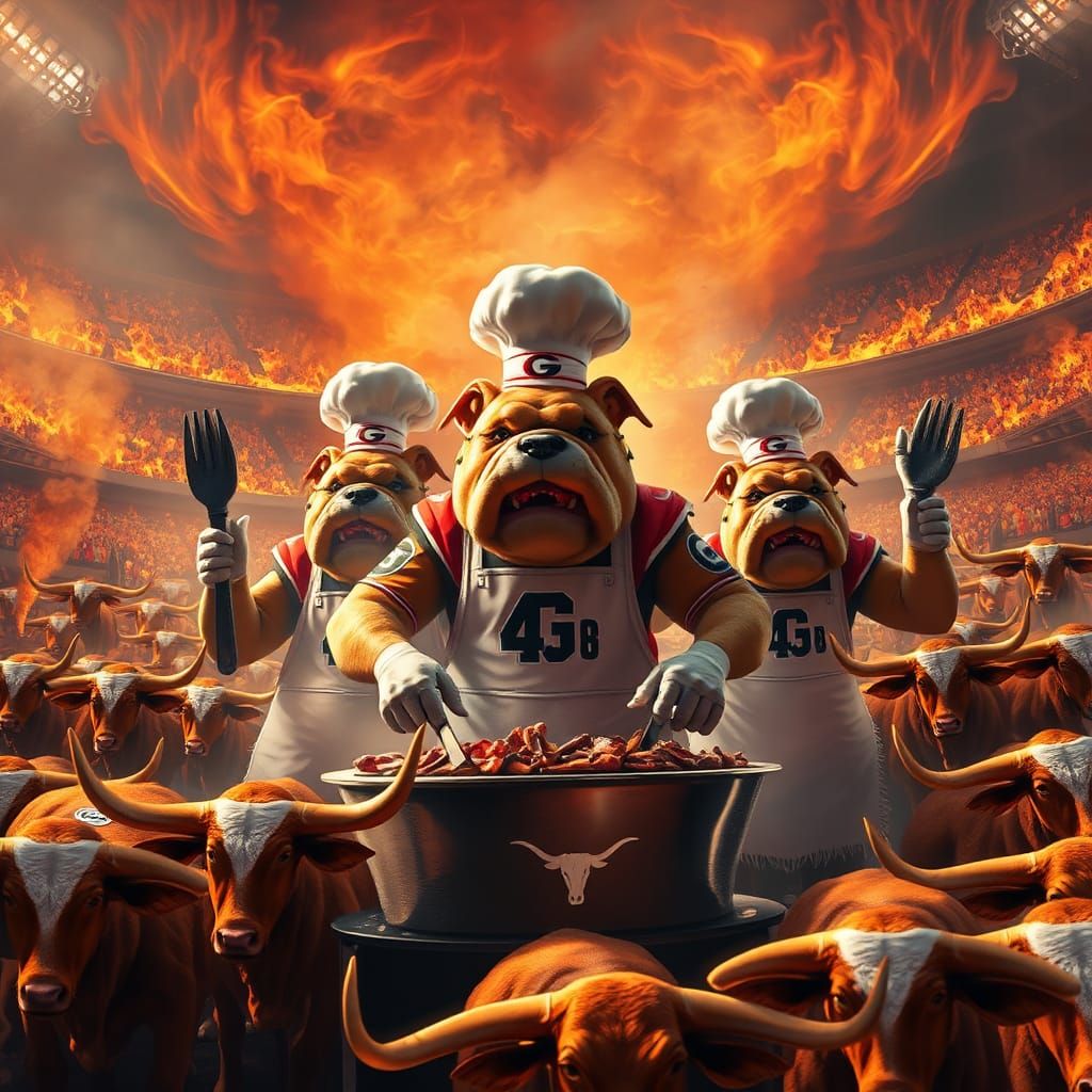 Bulldogs Cooking for Longhorns in Dreamlike Stadium