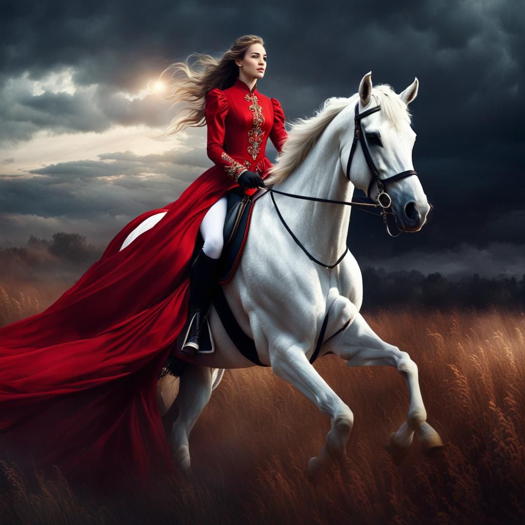 Girl in Red Gown Riding White Horse