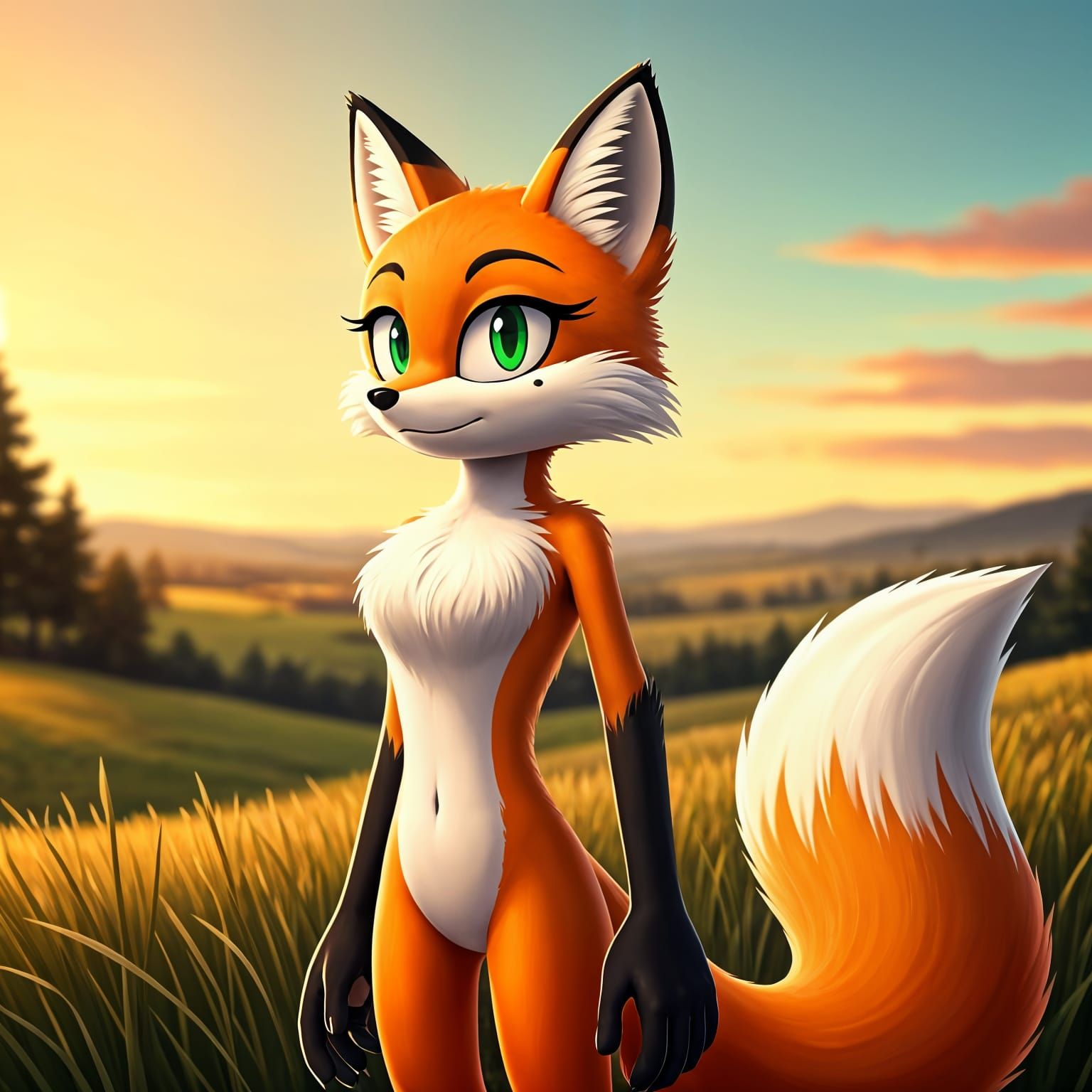 Anthropomorphic Fox Girl in Sunset Landscape