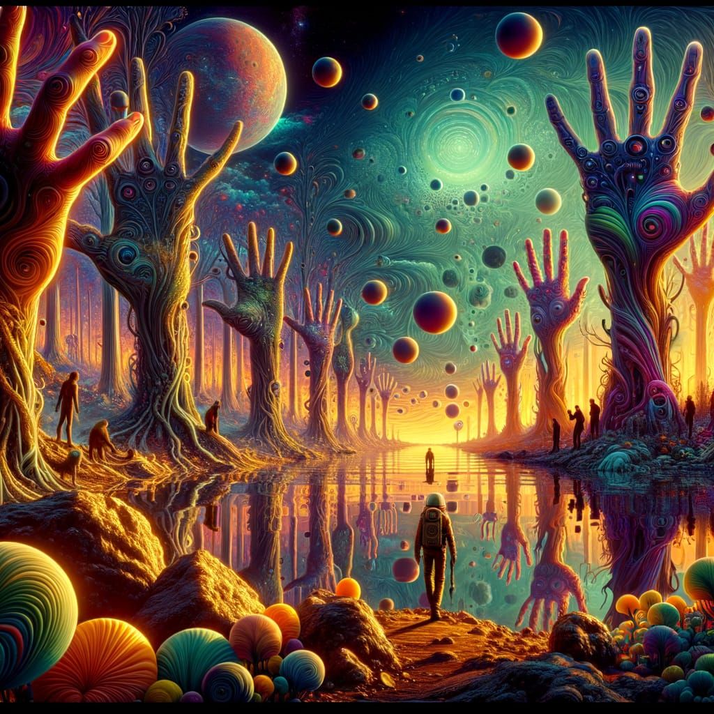 Surreal Exoplanet Forest with Hand Trees and Phantom City