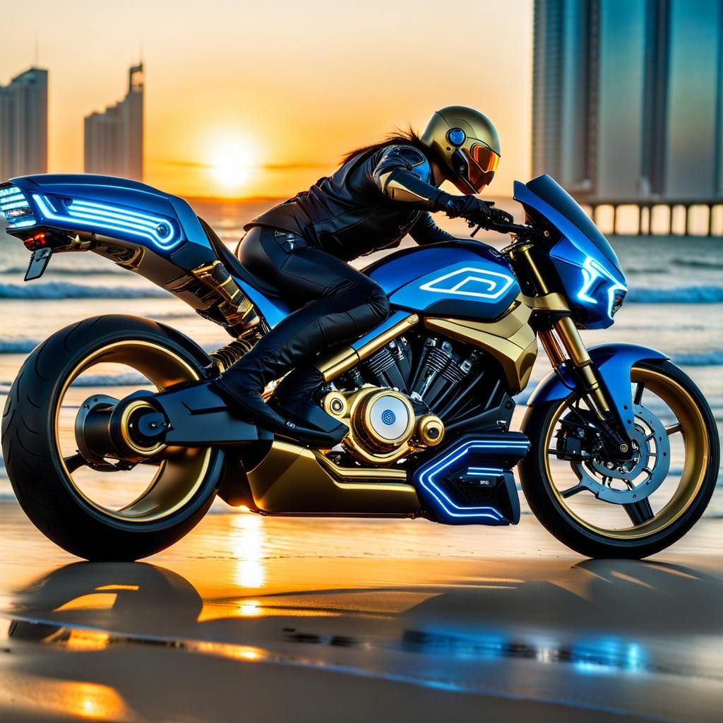Cyberpunk Rider on Daytona Beach at Sunset
