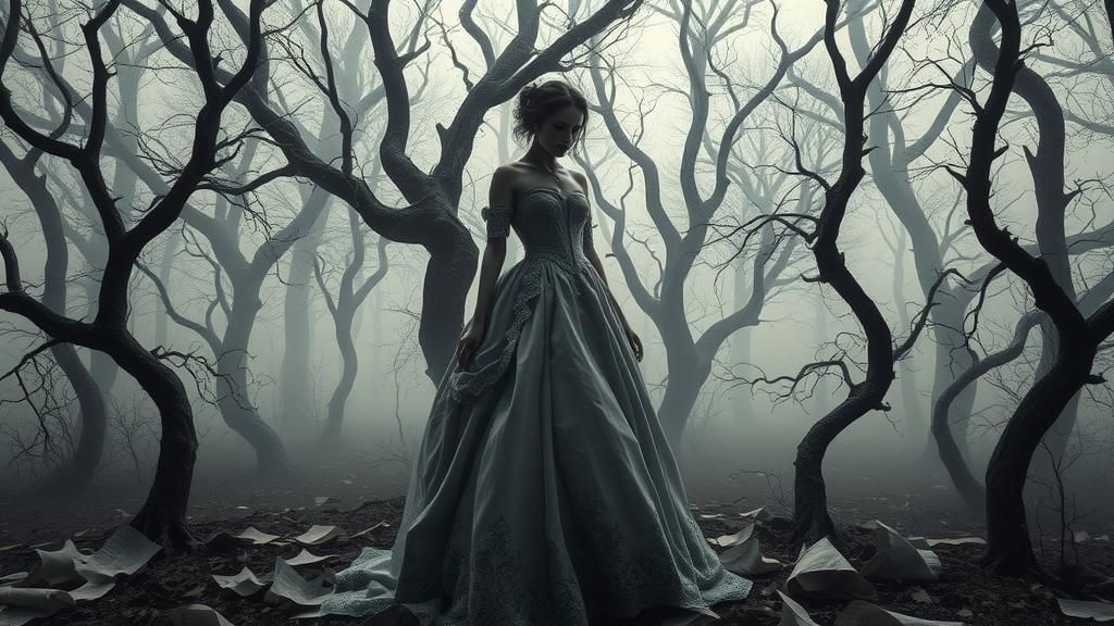 Gothic Woman in Dystopian Forest with Mystical Shadows