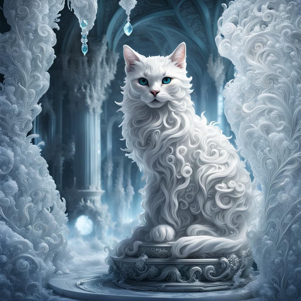 Icy White Cat Glass Statue in Dappled Light