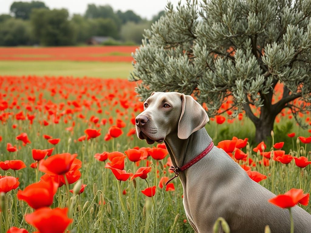 Weimaraner with Red Poppies and Olive Tree