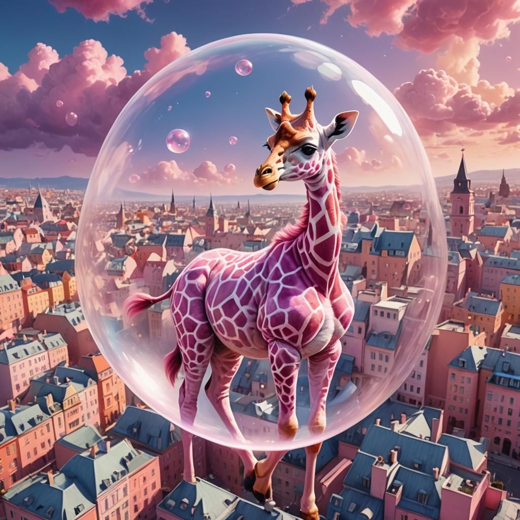 Pink Giraffe Floating Above Perfect City in Pastel Art