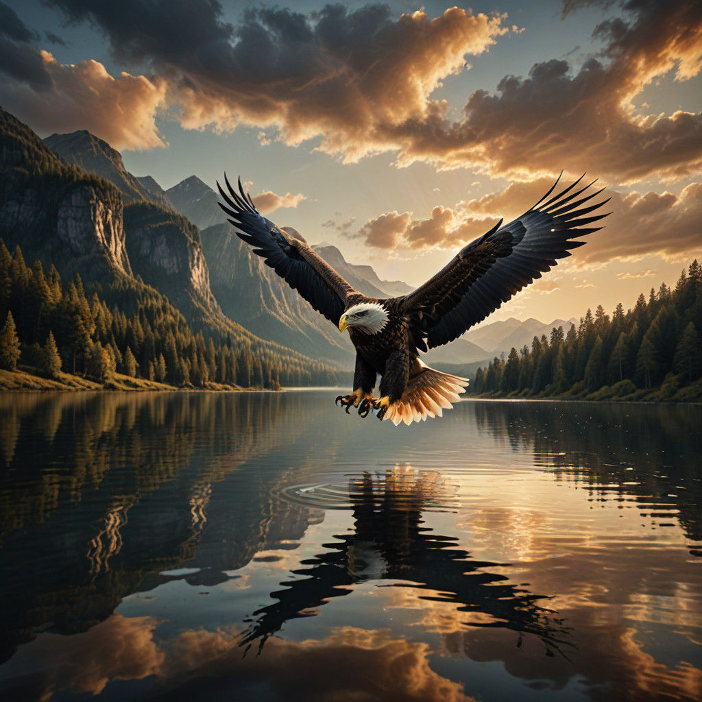 Majestic Golden Eagle Soars Over Tranquil Lake in Photoreali...