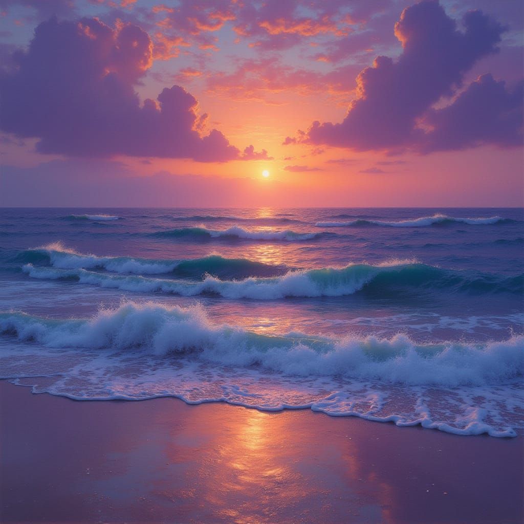 Purple Sunset Over Ocean Waves Painting