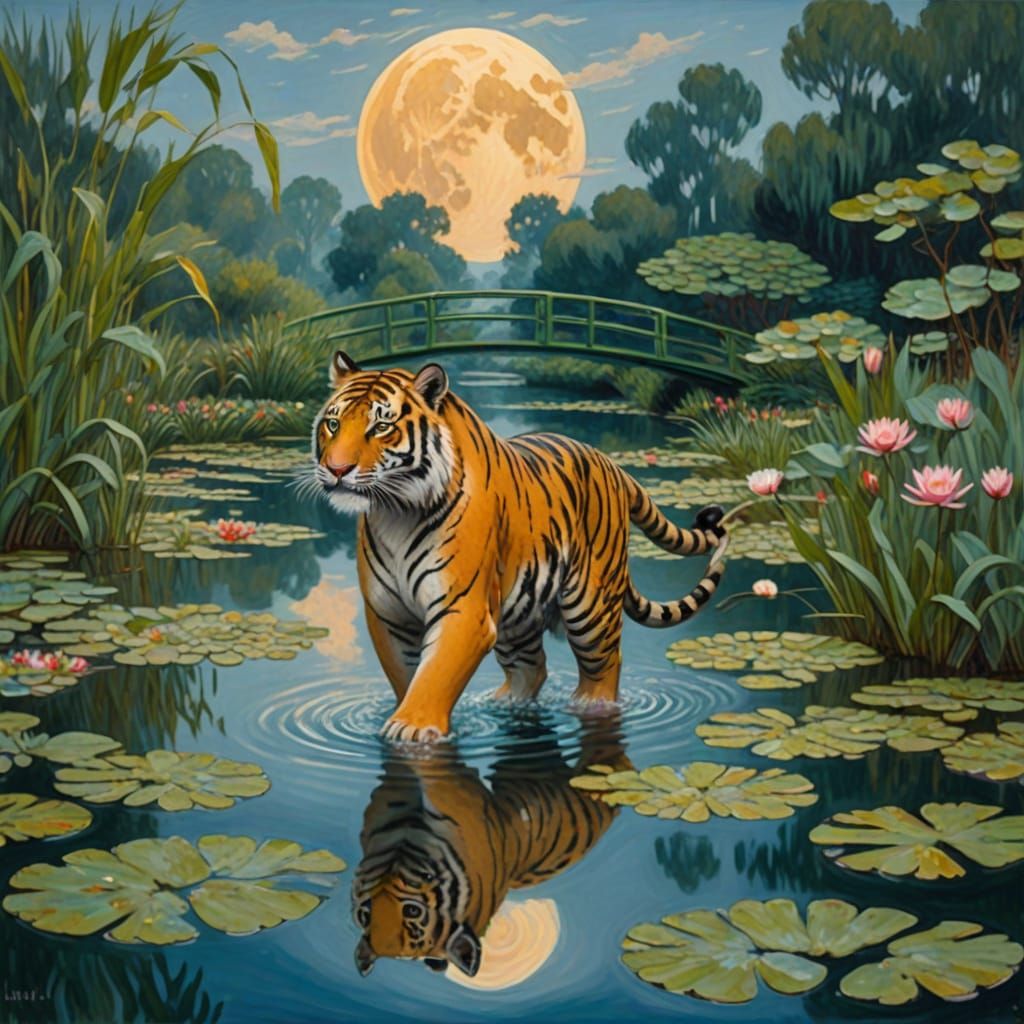 A Tiger Glides Through Impressionist Water Lilies Under the ...