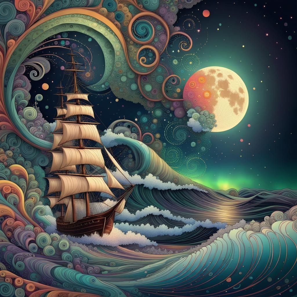 Celestial Tallship Scene with Zentangle Art