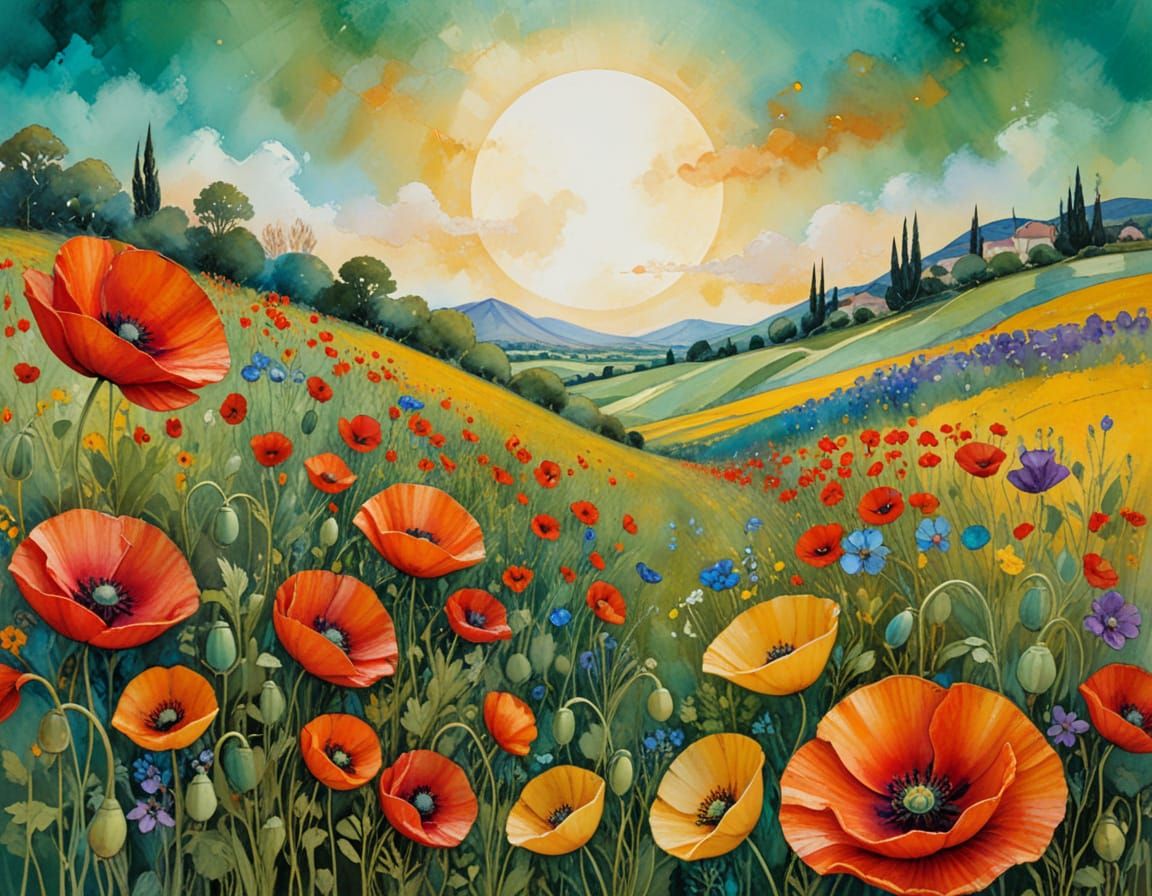 (poppies fields:1.5), Odilon Redon and Milo Manara, green do...