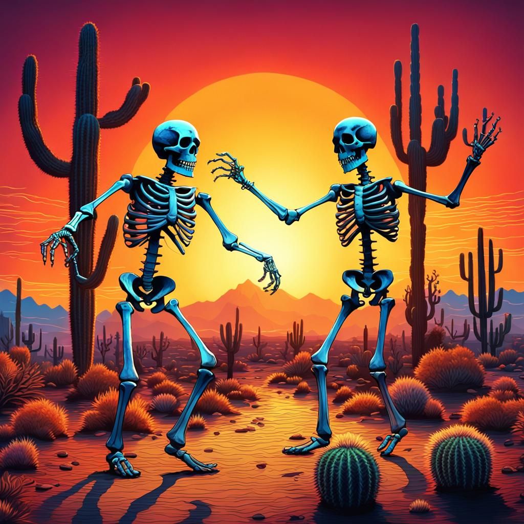 Skeletons Dance at Sunset: Hand-Drawn Sketch