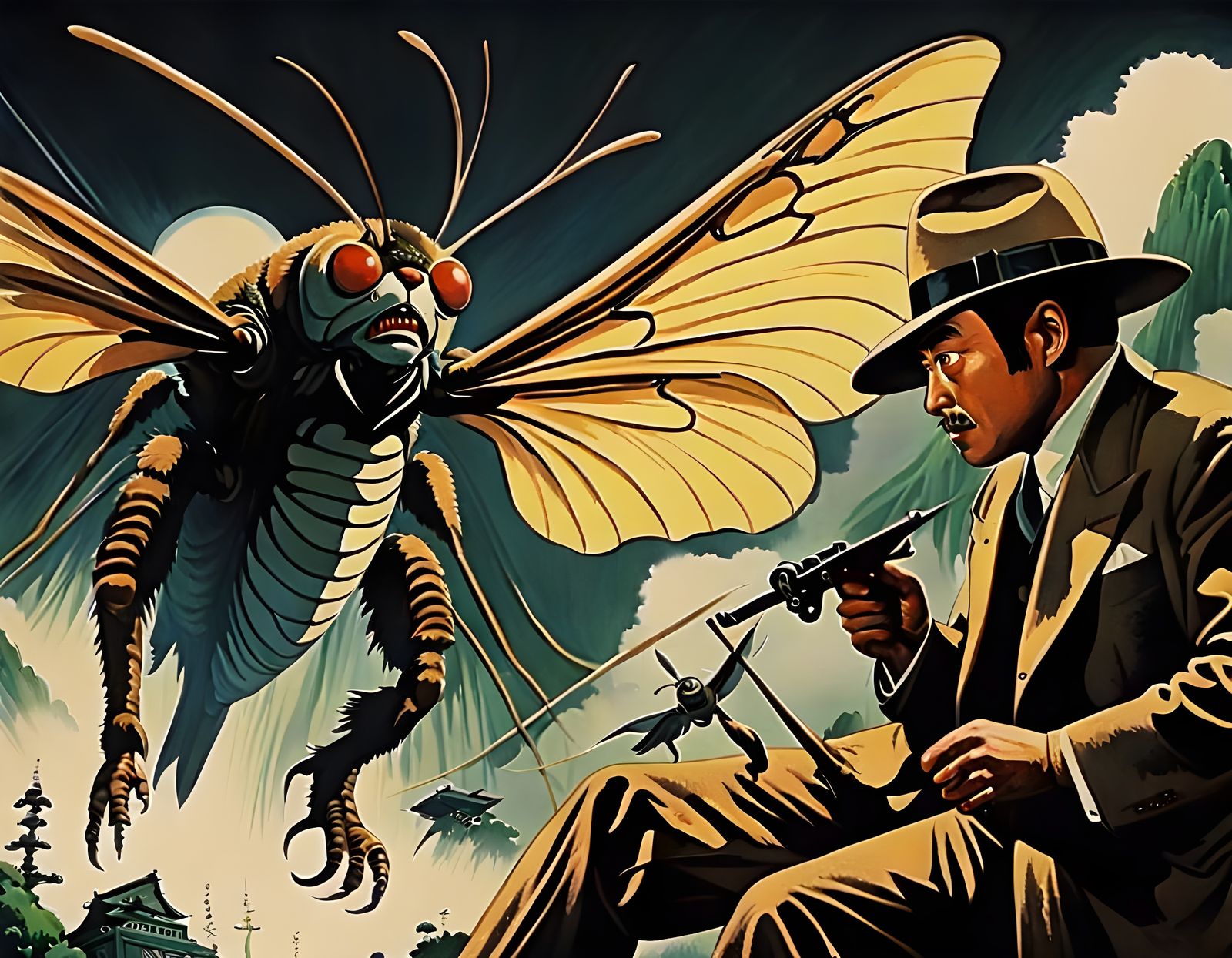 Retro Art Deco Giant Moth vs Detective