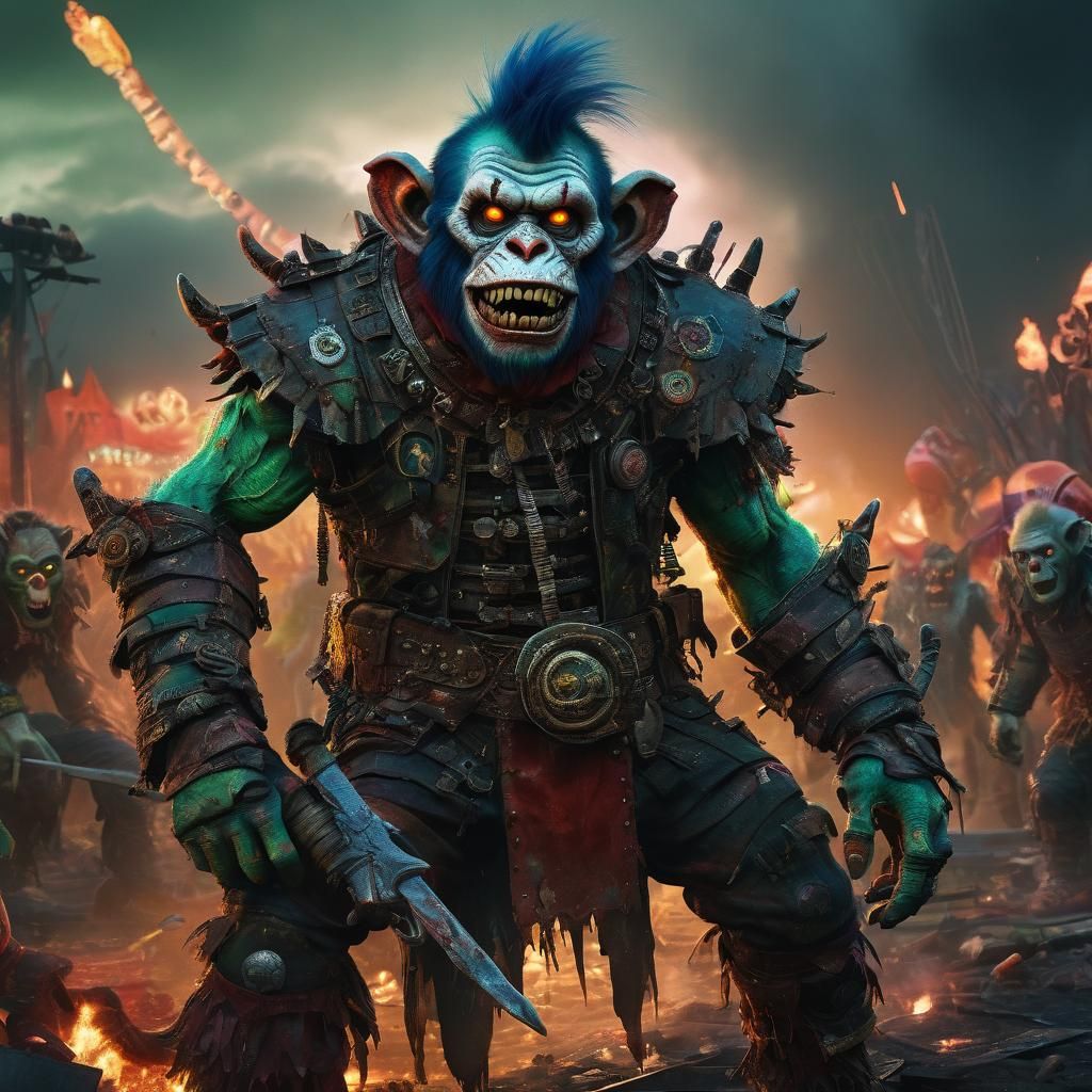 Punk Horror Zombie Monkey Warlord in Dark Fantasy Art