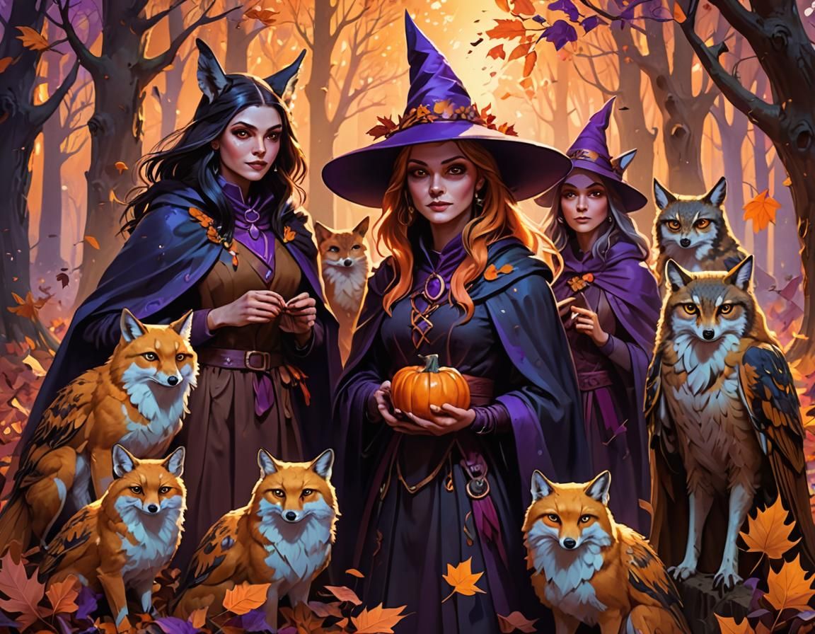 Enchanted Autumn Gathering: Witches in a Mystical Forest