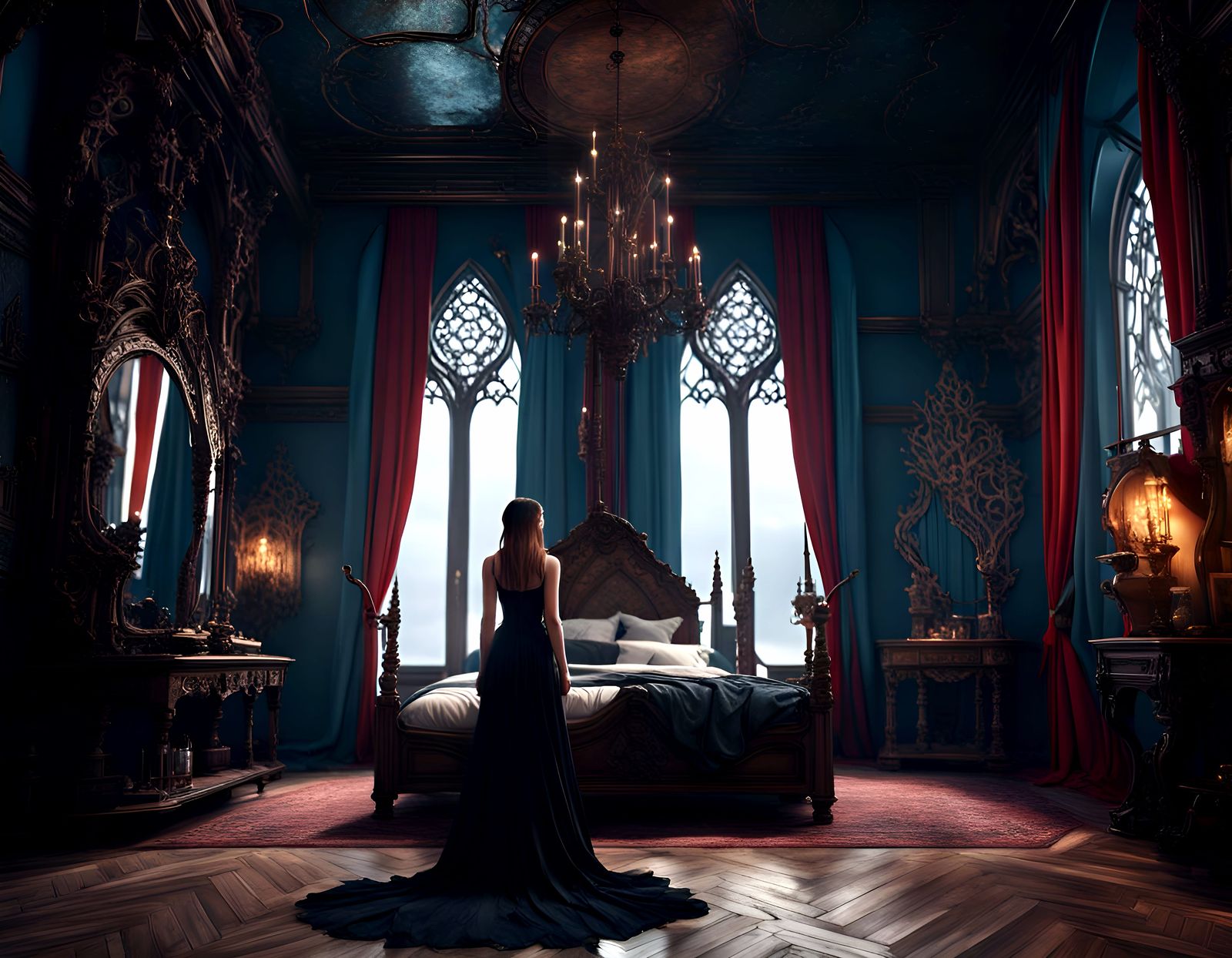 Gothic Bedroom: A Woman's Reflection in Detailed Matte Paint...