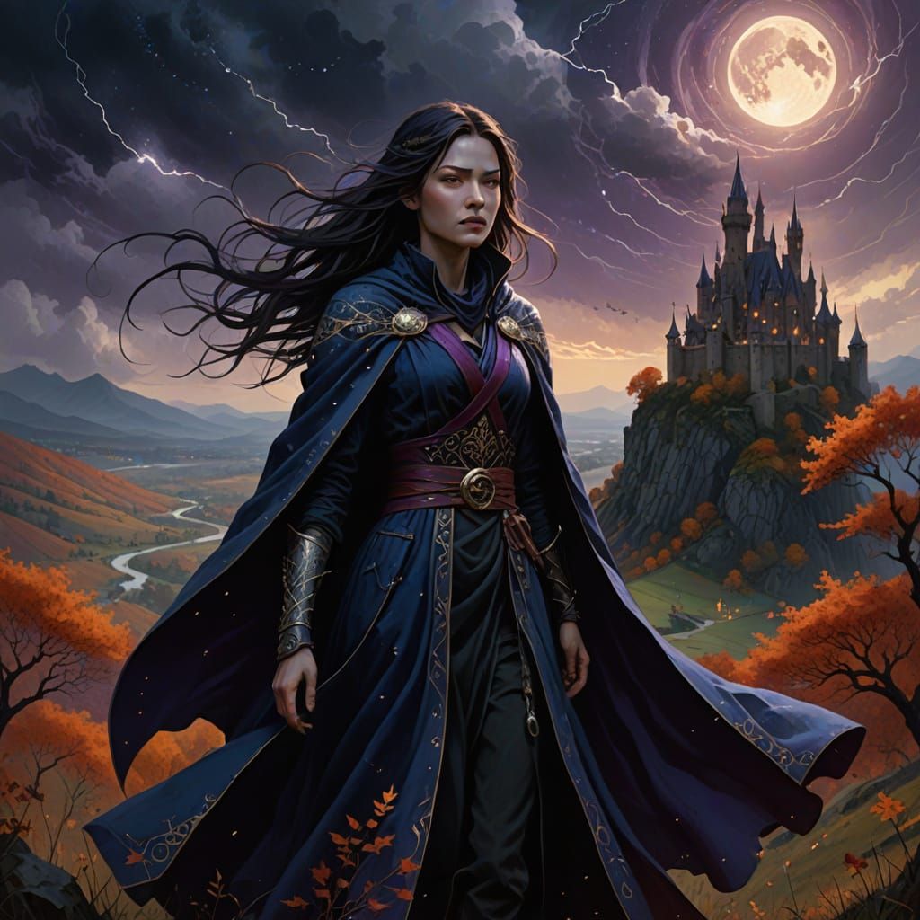 Sorceress Conjures Autumnal Vortex Under Stormy Sky