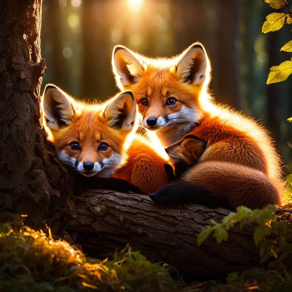 Two baby foxes nestled in the woods, cute, cuddly, sweet, intricate, stunning, sunbeams, wooded area, 🦊 dynamic lightin...