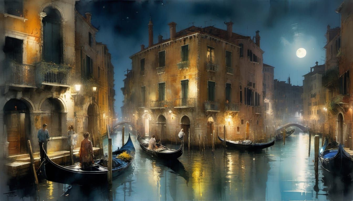 Venice Canal by Moonlight Watercolor Painting